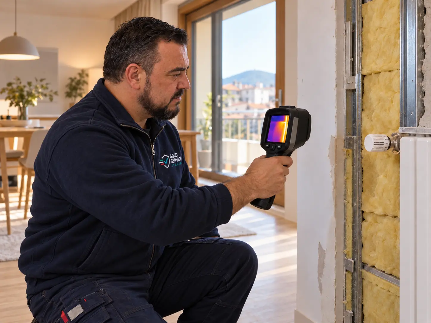 Tecnico controlla isolamento termico e impianto di riscaldamento